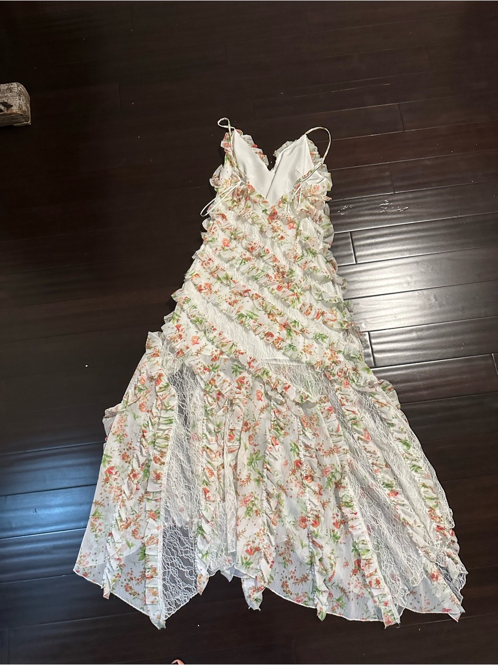 Altar'd State White Floral Asymmetrical Ruffle Maxi Dress